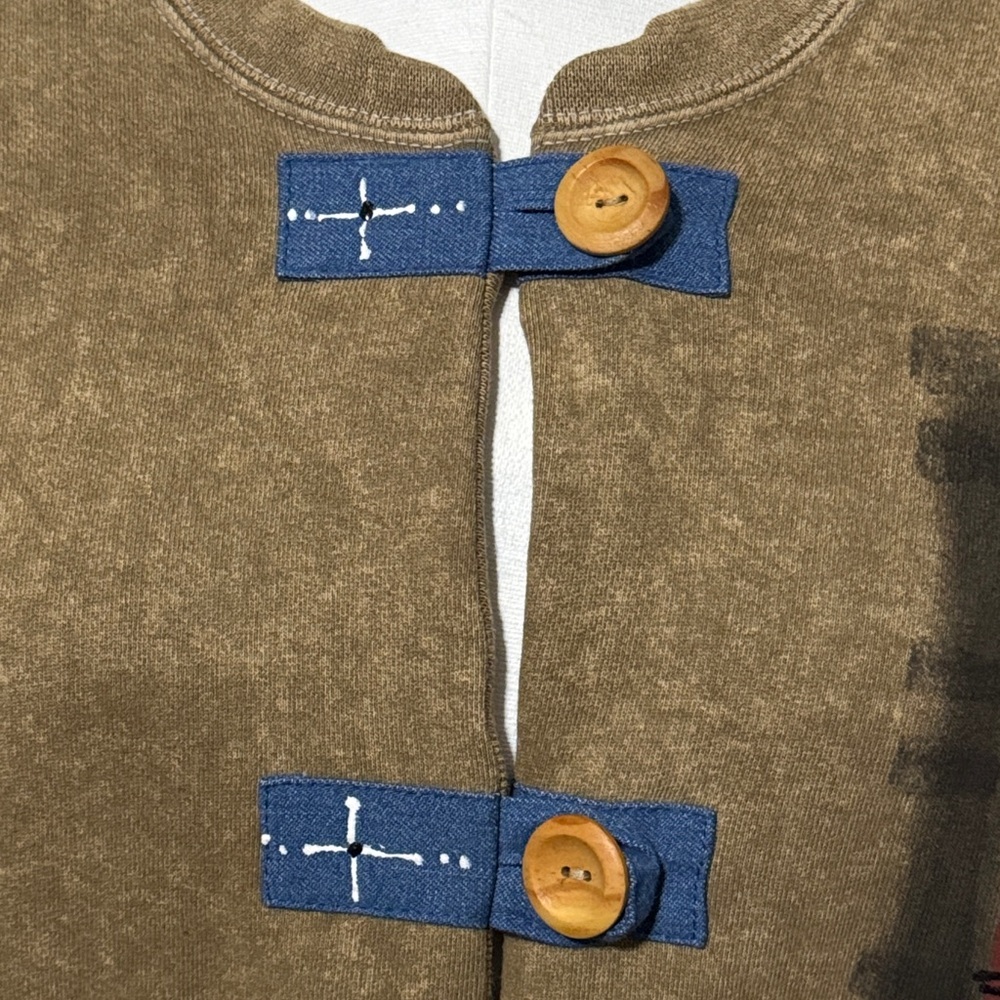 Vintage-Repurposed Sweatshirt-Tan-Abstract Detail-3 Button Toggle-Boxy Relaxed - Picture 3 of 16